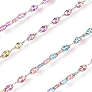 Rainbow Metal, 2mm wide, 304 Stainless Steel Textured Dapped Chains, Cable Chains, Soldered, Flat Oval, Rainbow Color, 4~4.5x2~2.5x0.5mm,