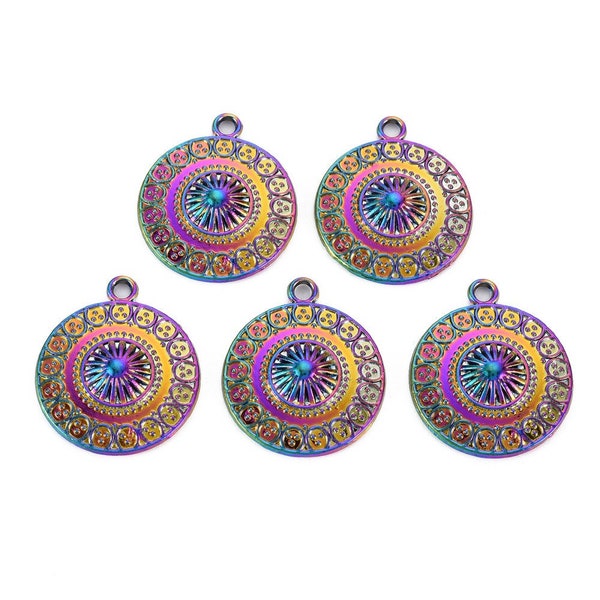 Rainbow Metal, Round Flower Shield, 3D Front, Rainbow Alloy Pendants, about 1" , Great for Necklaces, Earrings, Decor