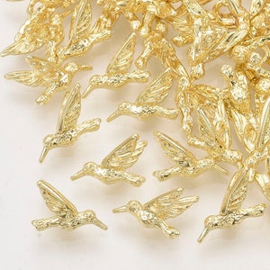 Hummingbird Charms Beads, Small, 3D, Detailed, 12mm, Light Gold, Alloy, Manufactured for Purple Mountain Beads Exclusively,