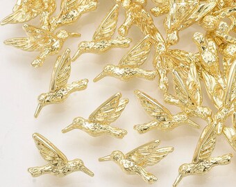 Hummingbird Charms Beads, Small, 3D, Detailed, 12mm, Light Gold, Alloy, Manufactured for Purple Mountain Beads Exclusively,