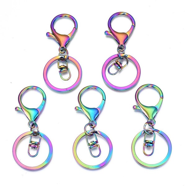 Rainbow Metal, Keychain Clasp, Alloy, 30mm Split Key Rings, Keychain Clasp Findings, with 35mm Lobster Claw Clasps and Swivel Clasps