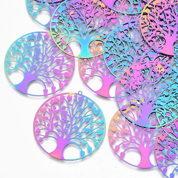 Rainbow Metal, Tree of Life Pendants Charms, 2 inches wide, Great for Earrings Thin