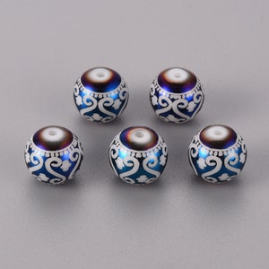 40 Rainbow Beads Electroplate Glass Beads, Round with Scroll Patten, Blue Plated, 10mm, Hole: 1.2mm