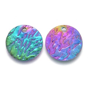 Rainbow Metal, 12mm Round Rainbow Charms Vacuum Plating 304 Stainless Steel Charms, Textured, Laser Cut, Flat Round , Great for Earrings