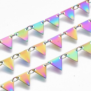 May include: Close-up of a chain with iridescent, triangular pendants. The pendants are connected by small metal rings, creating a decorative chain. The colors shift from gold to purple, reflecting light.