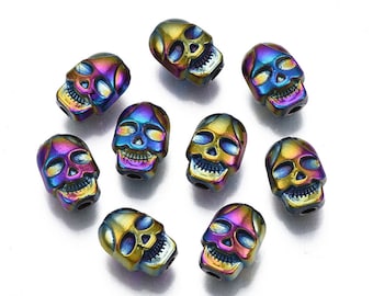 Rainbow Metal Skull Beads, Rack Plating  Alloy Beads, Nickel Free , Skull, Multi-color, 10.5x8x6.5mm, Hole: 1.8mm , Bead Findings