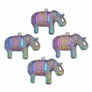 Rainbow Metal , Medium Pink/Blue Pretty Elephant, 3D Front, Rainbow Alloy Pendants, about 2”, Nickel Free, Great for Necklaces, Decor