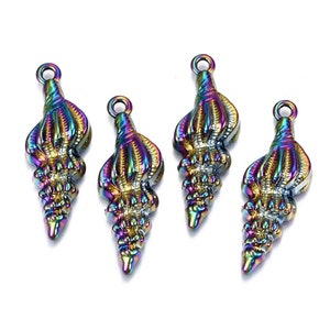 Rainbow Metal, Conch Shell, Spiral Shell, 3D Front, Rainbow Alloy Pendants, about 1.5",  37x13.5x7mm, Hole: 2mm, Great for Necklaces