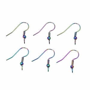 May include: Six iridescent rainbow-colored earring hooks. Each hook features a curved wire, a coiled spring, and a small bead with a loop for attaching charms or other earring components. The hooks are displayed against a white background.