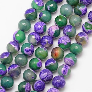 10mm Violet Vert Naturel Feu Agate Pierres Précieuses Brins de Perles, Vert, Violet, Rond, Facettes, Grade A, Fabrication de Bijoux, Perles de Montagne Violettes