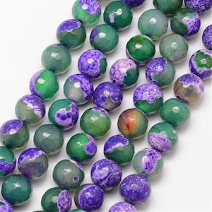 10mm Violet Green Natural Fire Agate Gemstone Bead Strands,  Green, Purple, Round, Faceted, Grade A, Jewelry Making,  Purple Mountain Beads