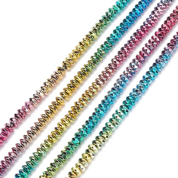 Rainbow Color 6mm Rondelle Electroplate Non-magnetic Synthetic Hematite Beads Strands, Faceted, Rondelle, Nickel Free