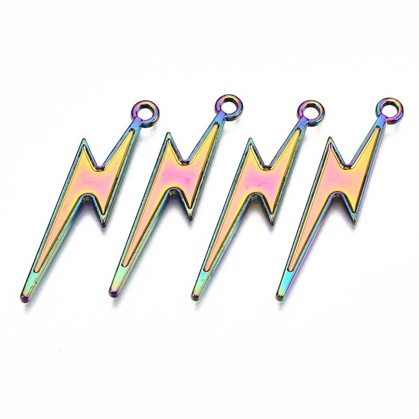 Rainbow Metal, Lightning Bolt, 3D Front, Men, Women, Rainbow Alloy Pendants, about 1.25",  33.5x9x1.5mm, Hole: 1.8mm , Great for Necklaces