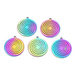 May include: Five iridescent spiral charms with a circular shape and a small loop at the top. The charms display a gradient of colors, including yellow, green, blue, and purple. The spiral design is cut out, creating a layered effect.