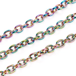 Rainbow Metal, 2mm Wide Ion Plating(IP) 304 Stainless Steel Cable Chains, Diamond Cut Chains, with Spool, Soldered, Oval