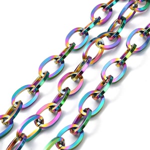 Rainbow Metal, 12mm Super Wide, Ion Plating, 304 Stainless Steel Cable Chains, Unwelded, Flat Oval, Multi-color, 11.5mm Wide