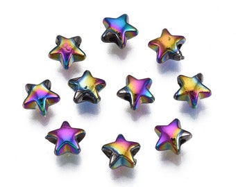 Rainbow Metal, Small Star Beads, Rack Plating  Alloy Beads, Nickel Free , About .25” 6mm long, 6mm wide, 3.5mm thick, hole: 1.5~1.6mm.
