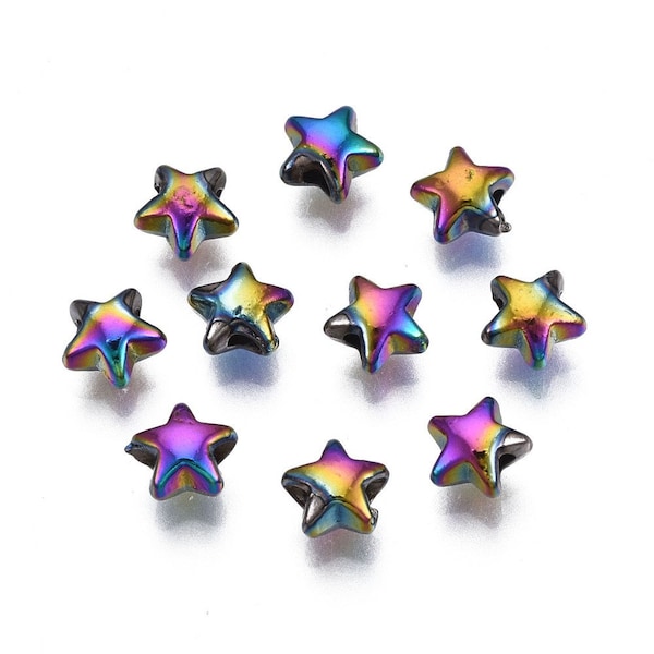 Rainbow Metal, Small Star Beads, Rack Plating  Alloy Beads, Nickel Free , About .25” 6mm long, 6mm wide, 3.5mm thick, hole: 1.5~1.6mm.