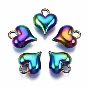 Rainbow Metal, Puffy Heart, Small, Rainbow Alloy Pendants, 3D, about 0.37", Great for Necklaces and Bracelets, Earrings, Bracelets