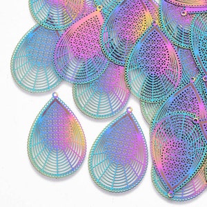 Rainbow Metal Teardrop Pendants, Set of 5, Stainless Steel, Shiny, about 1.75 inches,  Boho, Great for Earrings Thin