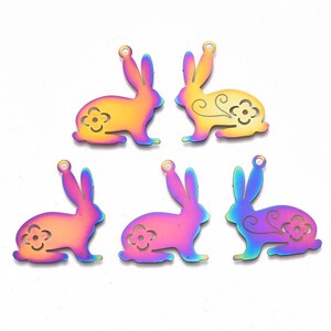 Easter, Rainbow Metal Large Bunny Rabbit Pendants, Stainless Steel, Shiny, 1.25 inches, Boho, Colorful, Great for Earrings Thin