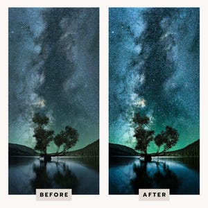 May include: A side-by-side comparison of a night landscape featuring a tree silhouetted against a starry sky and a lake. The left side is labelled BEFORE with muted tones, while the right side is labelled AFTER with enhanced blue and green saturation.
