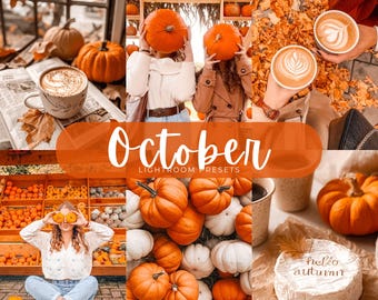 May include: A collage of autumn-themed imagery featuring orange pumpkins, lattes with foam art, fallen leaves, and a round cake with the text hello autumn. The central graphic displays the text October Lightroom Presets in white script.