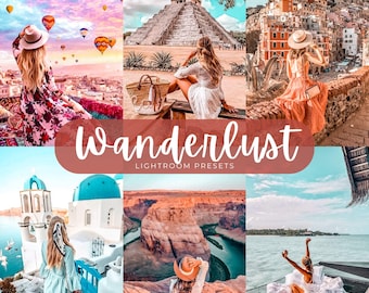 Könnte beinhalten: Eine Collage aus sechs Reisefotos mit verschiedenen Landschaften und Personen, überlagert mit dem Text Wanderlust LIGHTROOM PRESETS in weißer Schreibschrift und serifenloser Schrift auf einem gedeckten roten Hintergrund.