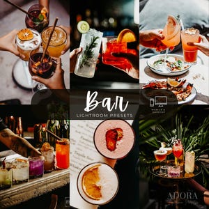 Op de afbeelding: Een collage van diverse cocktails en drankjes met garneringen zoals gedroogde citrusvruchten, rozemarijn en fruit. De centrale tekst luidt Bar LIGHTROOM PRESETS met een mobiel en desktop icoon. Rechtsonder staat de tekst ADORA Lightroom Presets.