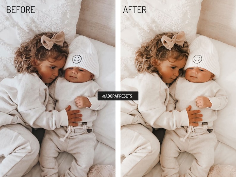 May include: Two children, one wearing a white beanie with a smiley face, are lying on a white fluffy blanket. The older child is wearing a beige sweater and pants, and the younger child is wearing a white sweater and pants. The older child has a brown bow in their hair. The image is captioned "@ADORAPRESETS".