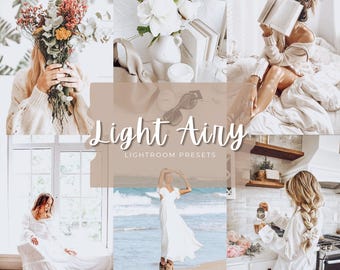 May include: A collage of six images featuring a bouquet of flowers, a white vase, a person reading a book, a person in a white dress, a person on a beach, and a person in a kitchen, with the text Light Airy LIGHTROOM PRESETS in the center.