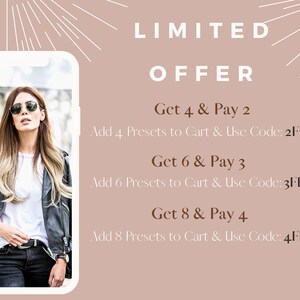 K&ouml;nnte beinhalten: Ein zeitlich begrenztes Angebot f&uuml;r Foto-Presets. Kaufen Sie 4 Presets und erhalten Sie 2 gratis, kaufen Sie 6 Presets und erhalten Sie 3 gratis oder kaufen Sie 8 Presets und erhalten Sie 4 gratis. Verwenden Sie die Codes 2FREE, 3FREE oder 4FREE an der Kasse.