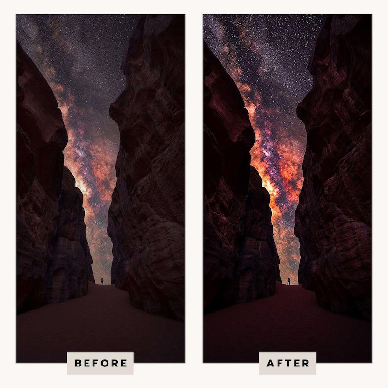 May include: A side-by-side comparison of a night landscape featuring a narrow canyon passage with dark rock walls and a sandy floor. The sky above is filled with a vibrant Milky Way galaxy, showing a before and after edit of the image exposure.