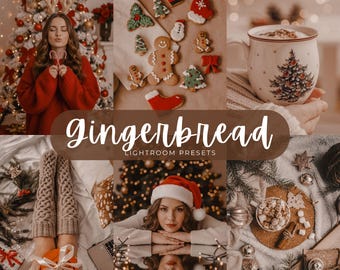 May include: A digital collage of six festive images featuring a person in a red sweater, assorted gingerbread cookies, a Christmas tree mug, cable knit socks, a person in a Santa hat, and a hot cocoa drink, with the text Gingerbread Lightroom Presets.