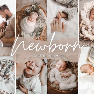Puede incluir: Un collage de imágenes con bebés recién nacidos en varias poses y escenarios. Las imágenes son suaves y cálidas, con un enfoque en los delicados rasgos de los bebés. El texto "newborn" se superpone a las imágenes, junto con la frase "Adora Mobile Lightroom Presets".
