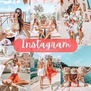 Puede incluir: Un collage digital de seis fotografías que muestran personas en diversos entornos al aire libre, incluyendo playas, calles y barcos. El texto central superpuesto dice Instagram Lightroom Presets en una fuente blanca cursiva y sans-serif.
