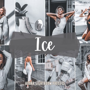 Puede incluir: Un collage de imágenes con mujeres que visten ropa y accesorios elegantes. Las imágenes están editadas con una paleta de colores fría y helada. El texto "Ice" aparece en el centro del collage, junto con el texto "Adora Lightroom Presets".
