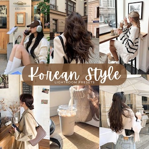 Könnte beinhalten: Eine Collage aus sechs Bildern, die Personen in verschiedenen Umgebungen wie Cafés und städtischen Außenbereichen zeigen, mit einem braunen Overlay in der Mitte, das den weißen Text Korean Style LIGHTROOM PRESETS in Schreib- und Druckschrift enthält.