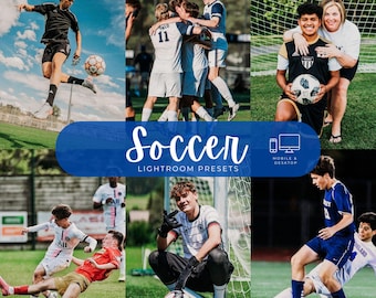 Könnte beinhalten: Eine Collage aus Fußballfotografien mit Spielern in verschiedenen Trikots, darunter ein Torwart mit Handschuhen, Spielszenen auf dem Platz und ein Spieler mit Trainer. Das blaue Banner in der Mitte zeigt den Text Soccer LIGHTROOM PRESETS.