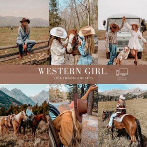 May include: A collection of six photographs featuring individuals in western-style clothing, including cowboy hats, denim shirts, and jackets, interacting with horses and a vintage van. The text WESTERN GIRL LIGHTROOM PRESETS is centred.