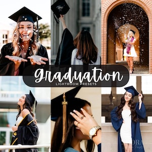 Könnte beinhalten: Eine Collage aus sechs Fotos von Personen in Abschlusskleidung, darunter schwarze Hüte und Roben, mit Konfetti, einem weißen Kleid und einer goldenen Quaste mit der Jahreszahl 2021. Der Text Graduation Lightroom Presets ist zentriert.