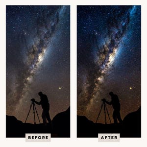 May include: A side-by-side comparison of a night sky photograph featuring a silhouette of a person using a camera on a tripod. The left panel is labelled BEFORE and the right panel is labelled AFTER, showing a vibrant Milky Way galaxy with stars.
