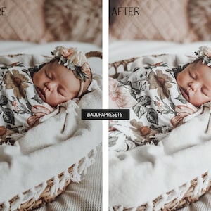 May include: A sleeping infant wrapped in a white swaddle blanket featuring a floral pattern of brown, tan, and muted orange flowers. The infant wears a floral headband with cream and peach-colored fabric flowers. The text @ADORAPRESETS is visible.