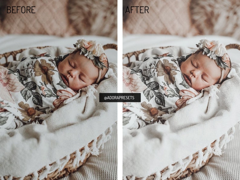 May include: A sleeping infant wrapped in a white swaddle blanket featuring a floral pattern of brown, tan, and muted orange flowers. The infant wears a floral headband with cream and peach-colored fabric flowers. The text @ADORAPRESETS is visible.