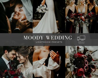 May include: A collection of wedding photography images featuring couples and bouquets with deep, dark, and high-contrast tones. The central text reads MOODY WEDDING LIGHTROOM PRESETS, with icons for mobile and desktop devices included in the design.
