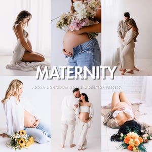 May include: A collage of maternity photos featuring pregnant people in various poses. The images showcase a variety of outfits, including flowing fabrics, jeans, and casual wear. The word "MATERNITY" is prominently displayed, along with text about presets.
