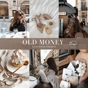 Könnte beinhalten: Eine digitale Collage aus Lifestyle-Fotografien mit hochhackigen Schuhen, einer Kaffeetasse, einem Parfümflakon, einem Gebäck auf einem Zierteller, weißen Rosen und Handtaschen. Der Text lautet OLD MONEY LIGHTROOM PRESETS und MOBILE & DESKTOP.