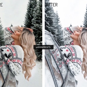 May include: A woman wearing a white and red Christmas sweater with a reindeer design leans out of a car window. The background is a snowy forest.