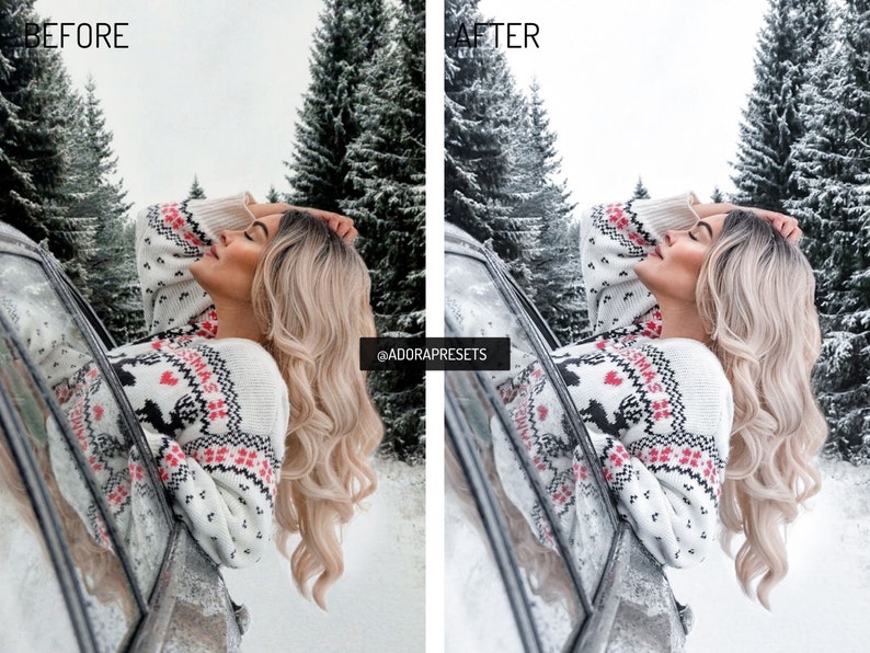 May include: A woman wearing a white and red Christmas sweater with a reindeer design leans out of a car window. The background is a snowy forest.