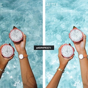 May include: Two halves of a dragon fruit with white flesh and black seeds held up against a bright blue water background. The image is split into two sections labeled BEFORE and AFTER, with the text @ADORAPRESETS displayed in the center.